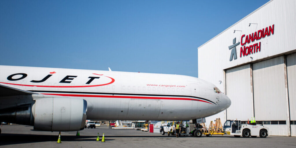 A plane sits at the Canadian North airlines hanger in Ottawa on Aug. 9, 2023.