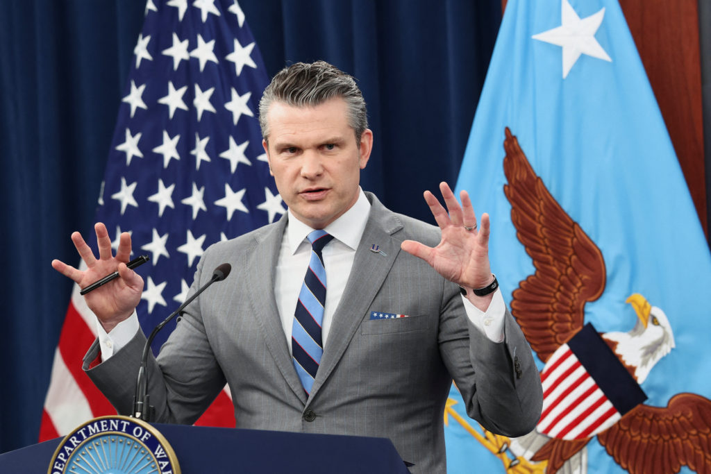 U.S. Defense Secretary Hegseth and Chairman of the Joint Chiefs of Staff General Caine hold a briefing on the Iran war, at the Pentagon